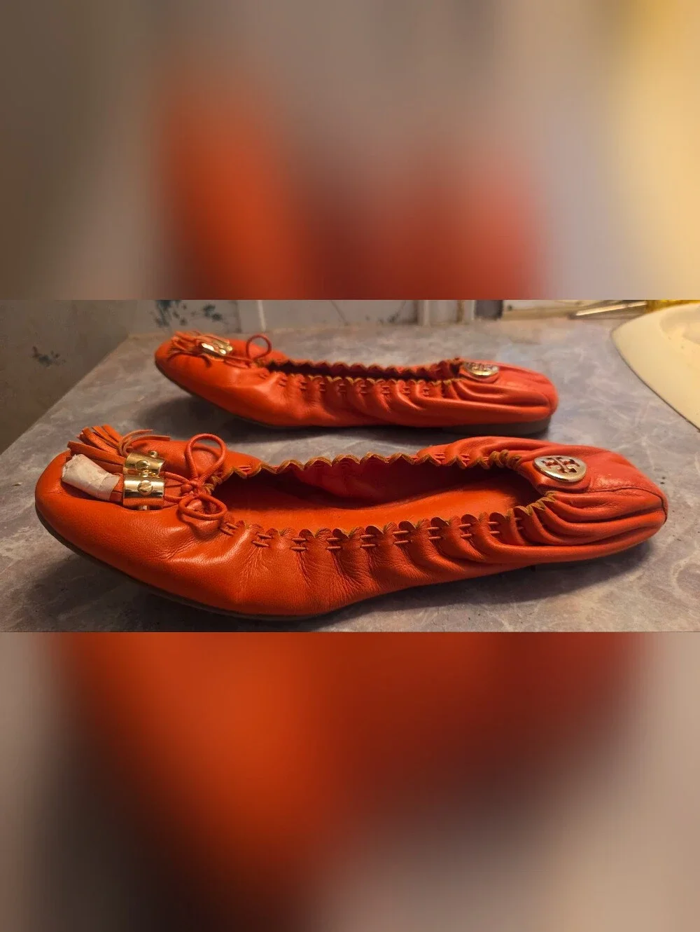 Tory Burch Orange Leather Tassel Ballet Flats with Gold Logo